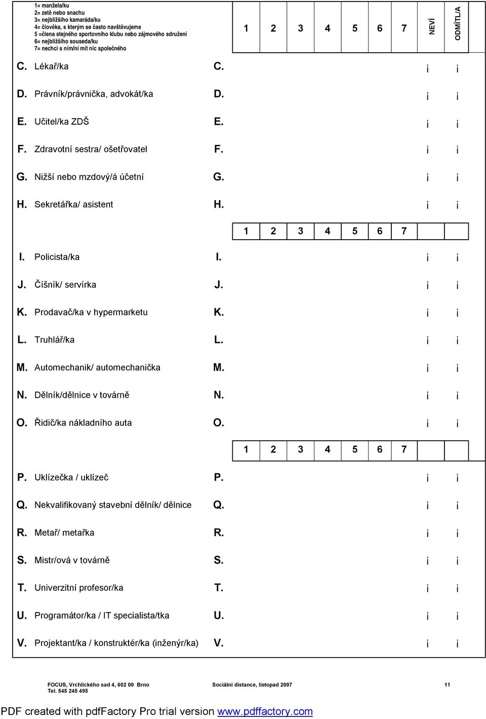 Sekretářka/ asistent H. 1 2 3 4 5 6 7 I. Policista/ka I. J. Číšník/ servírka J. K. Prodavač/ka v hypermarketu K. L. Truhlář/ka L. M. Automechanik/ automechanička M. N. Dělník/dělnice v továrně N. O.