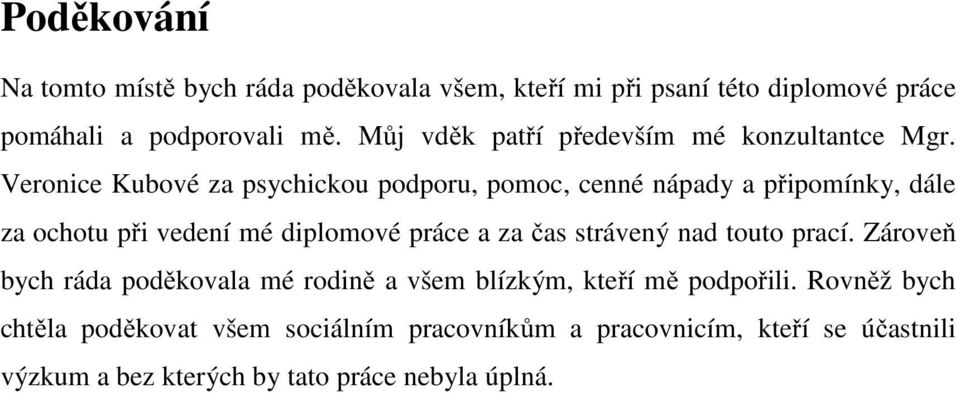 Veronice Kubové za psychickou podporu, pomoc, cenné nápady a připomínky, dále za ochotu při vedení mé diplomové práce a za čas