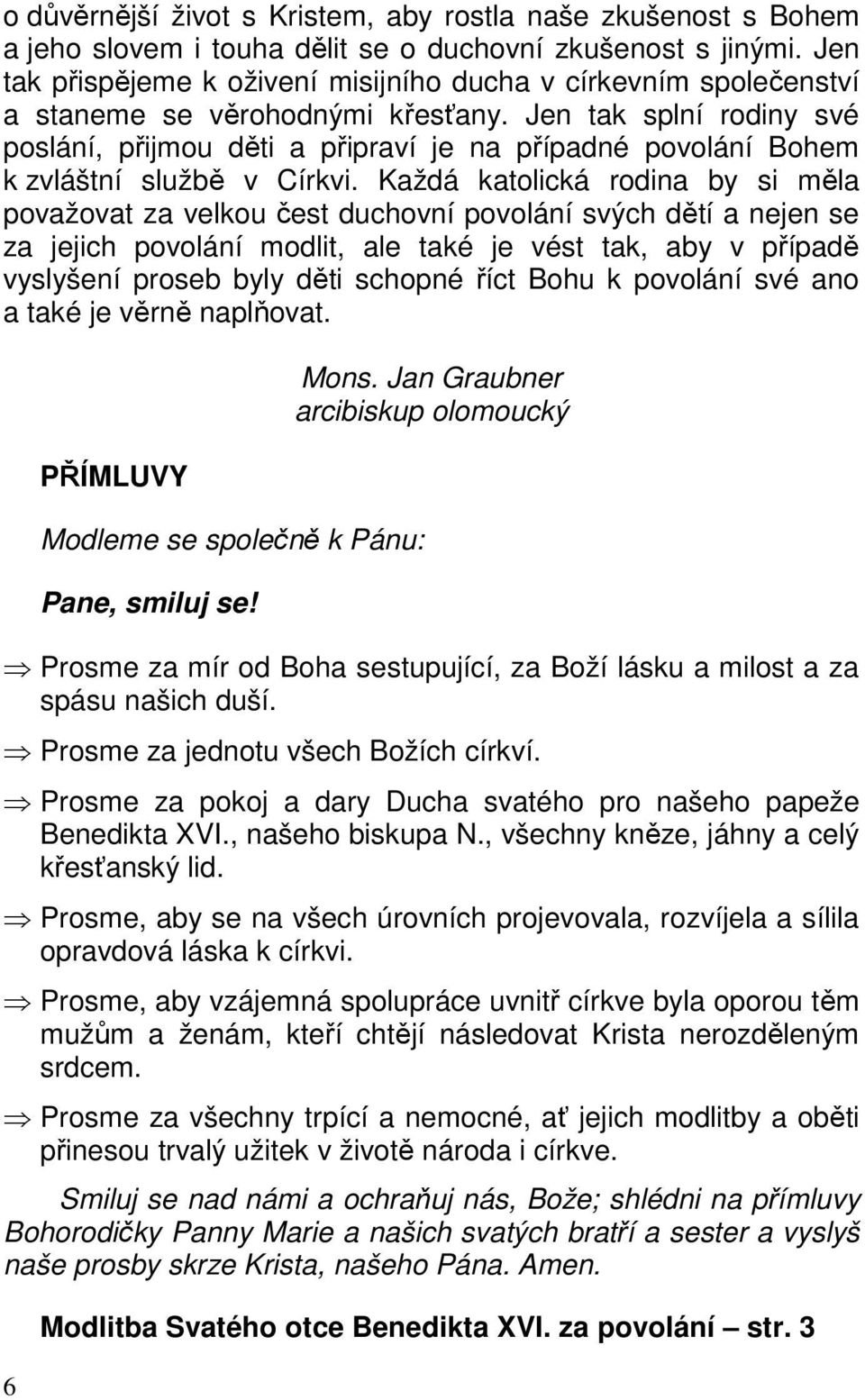 Jen tak splní rodiny své poslání, přijmou děti a připraví je na případné povolání Bohem k zvláštní službě v Církvi.