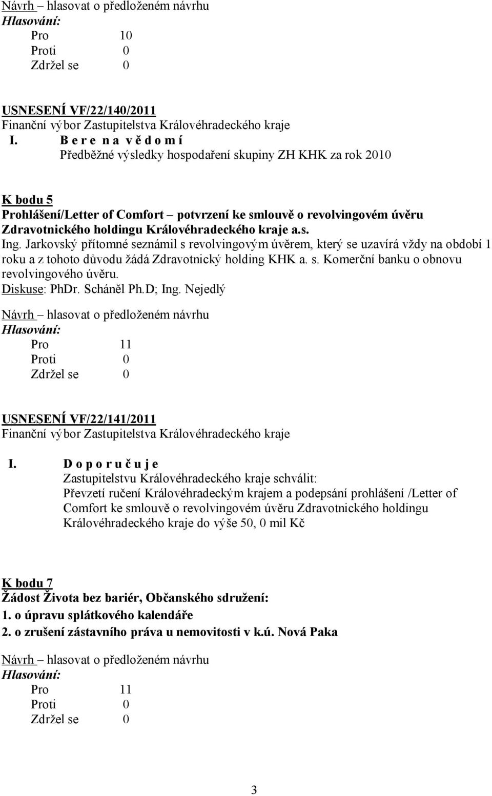 Diskuse: PhDr. Scháněl Ph.D; Ing. Nejedlý Pro 11 USNESENÍ VF/22/141/2011 I.