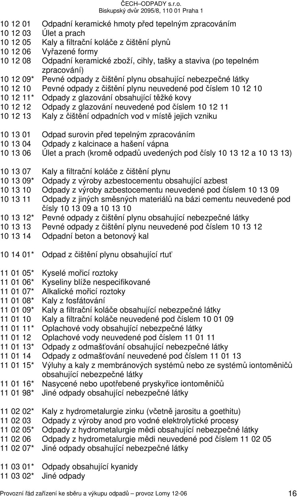 glazování obsahující těžké kovy 10 12 12 Odpady z glazování neuvedené pod číslem 10 12 11 10 12 13 Kaly z čištění odpadních vod v místě jejich vzniku 10 13 01 Odpad surovin před tepelným zpracováním