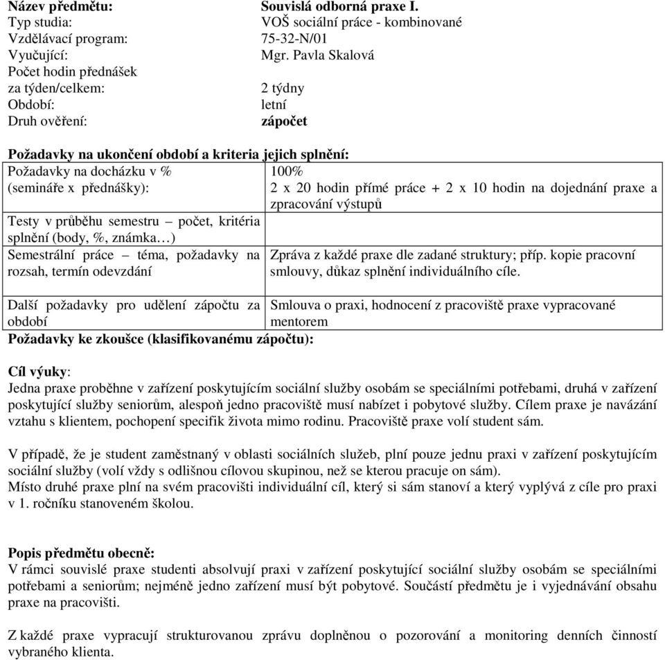 odevzdání 100% 2 x 20 hodin přímé práce + 2 x 10 hodin na dojednání praxe a zpracování výstupů Zpráva z každé praxe dle zadané struktury; příp.