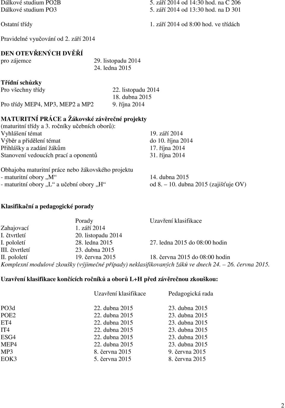 října 2014 MATURITNÍ PRÁCE a Žákovské závěrečné projekty (maturitní třídy a 3. ročníky učebních oborů): Vyhlášení témat 19. září 2014 Výběr a přidělení témat do 10.