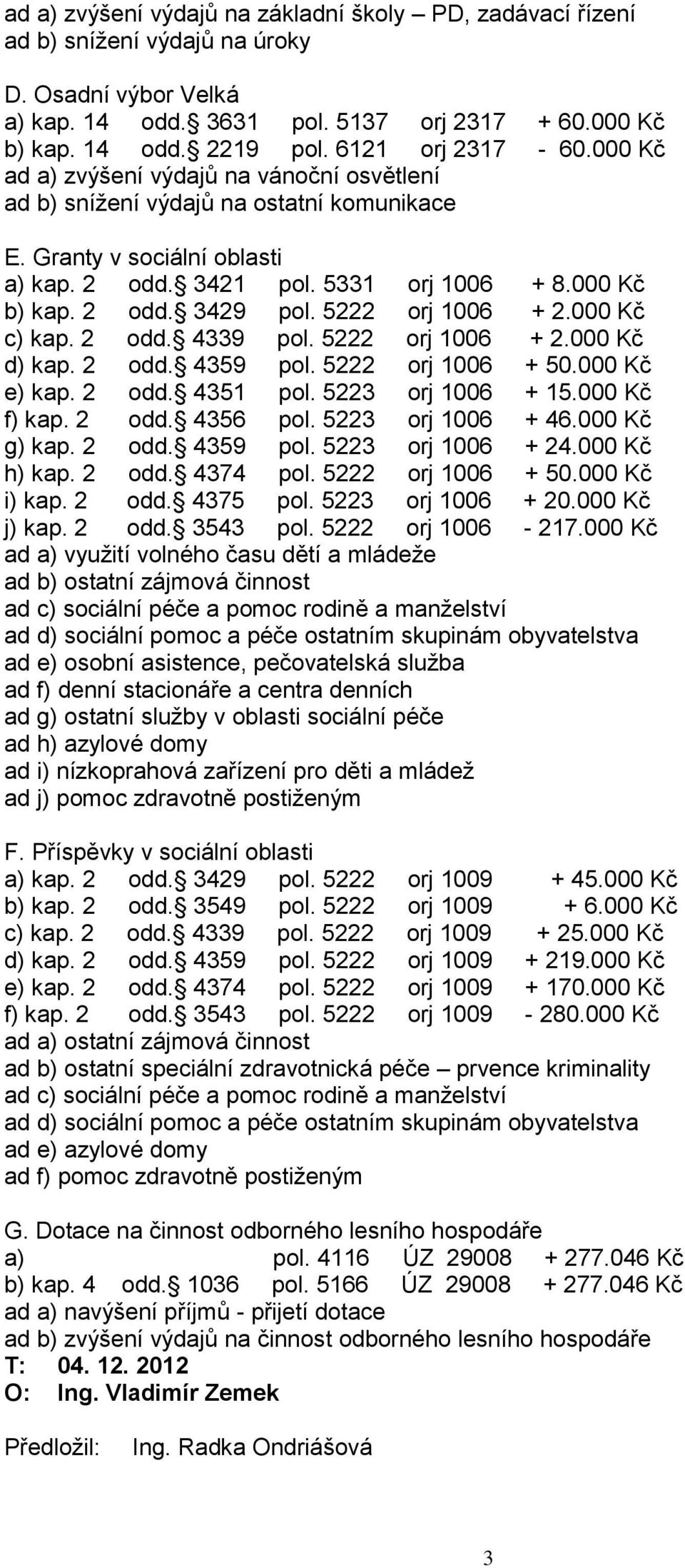 2 odd. 3429 pol. 5222 orj 1006 + 2.000 Kč c) kap. 2 odd. 4339 pol. 5222 orj 1006 + 2.000 Kč d) kap. 2 odd. 4359 pol. 5222 orj 1006 + 50.000 Kč e) kap. 2 odd. 4351 pol. 5223 orj 1006 + 15.