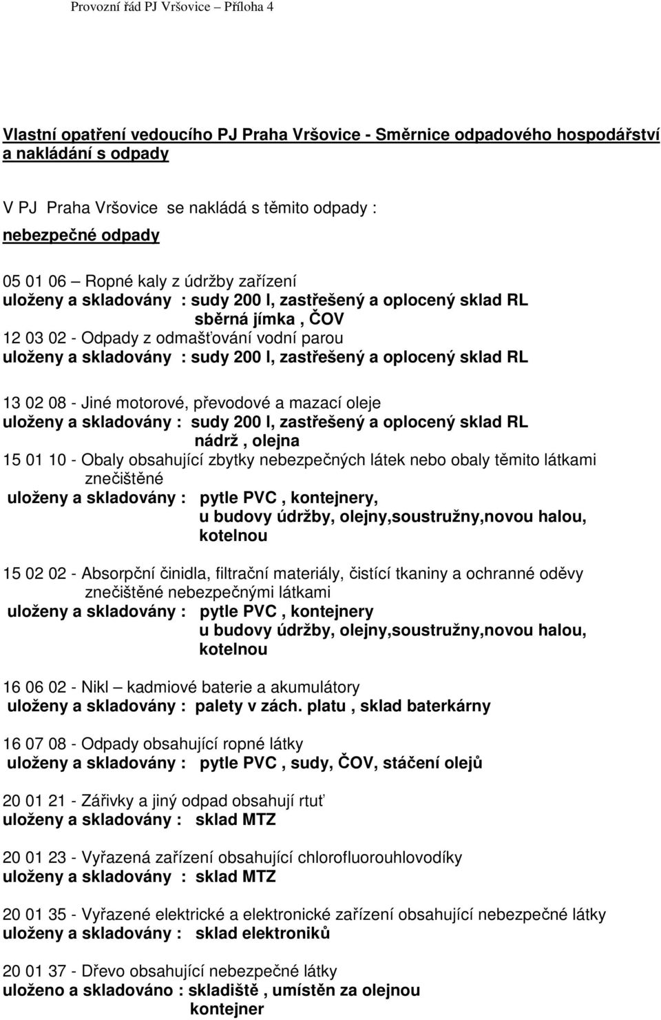 RL 13 02 08 - Jiné motorové, převodové a mazací oleje uloženy a skladovány : sudy 200 l, zastřešený a oplocený sklad RL nádrž, olejna 15 01 10 - Obaly obsahující zbytky nebezpečných látek nebo obaly