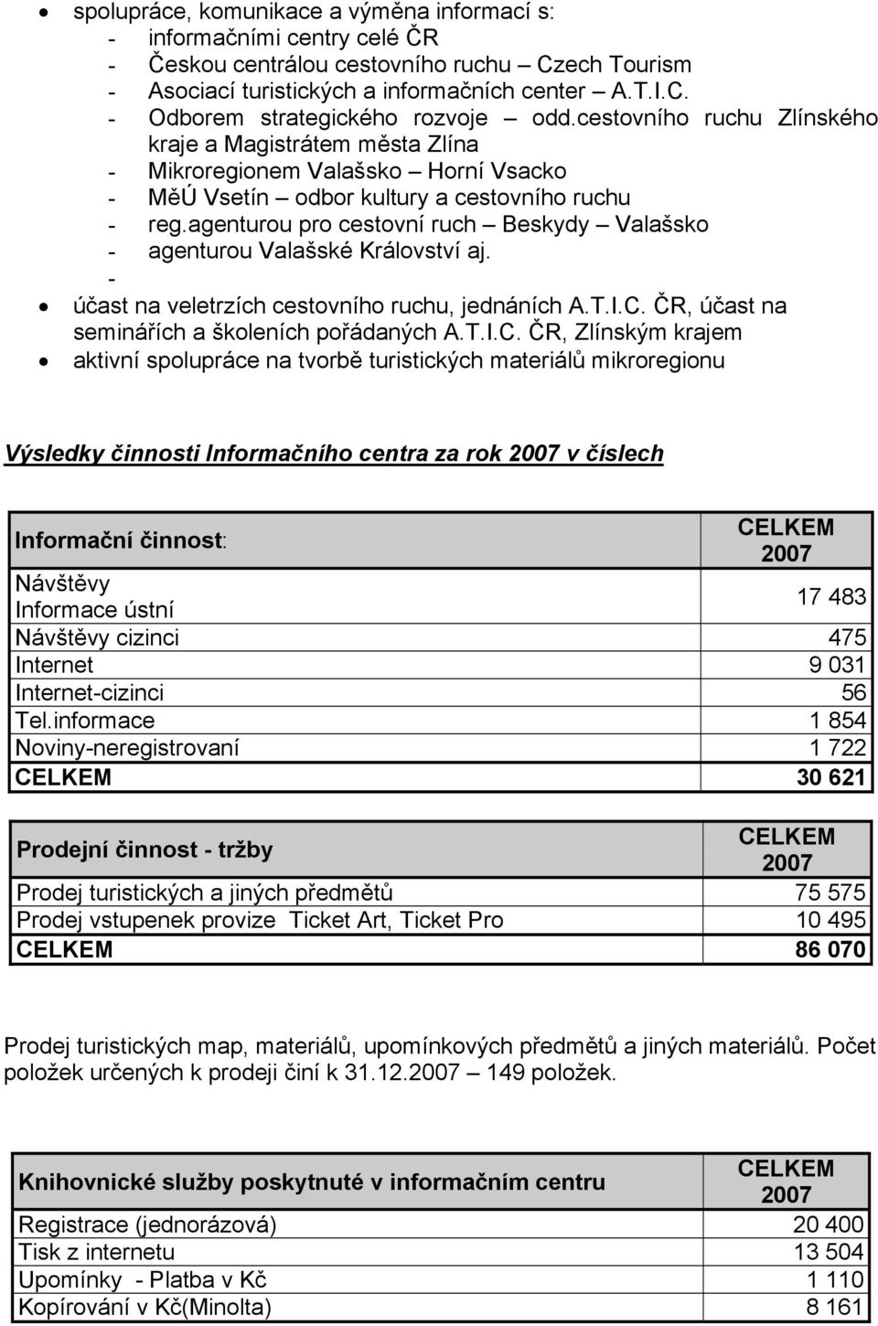 agenturou pro cestovní ruch Beskydy Valašsko - agenturou Valašské Království aj. - účast na veletrzích cestovního ruchu, jednáních A.T.I.C.