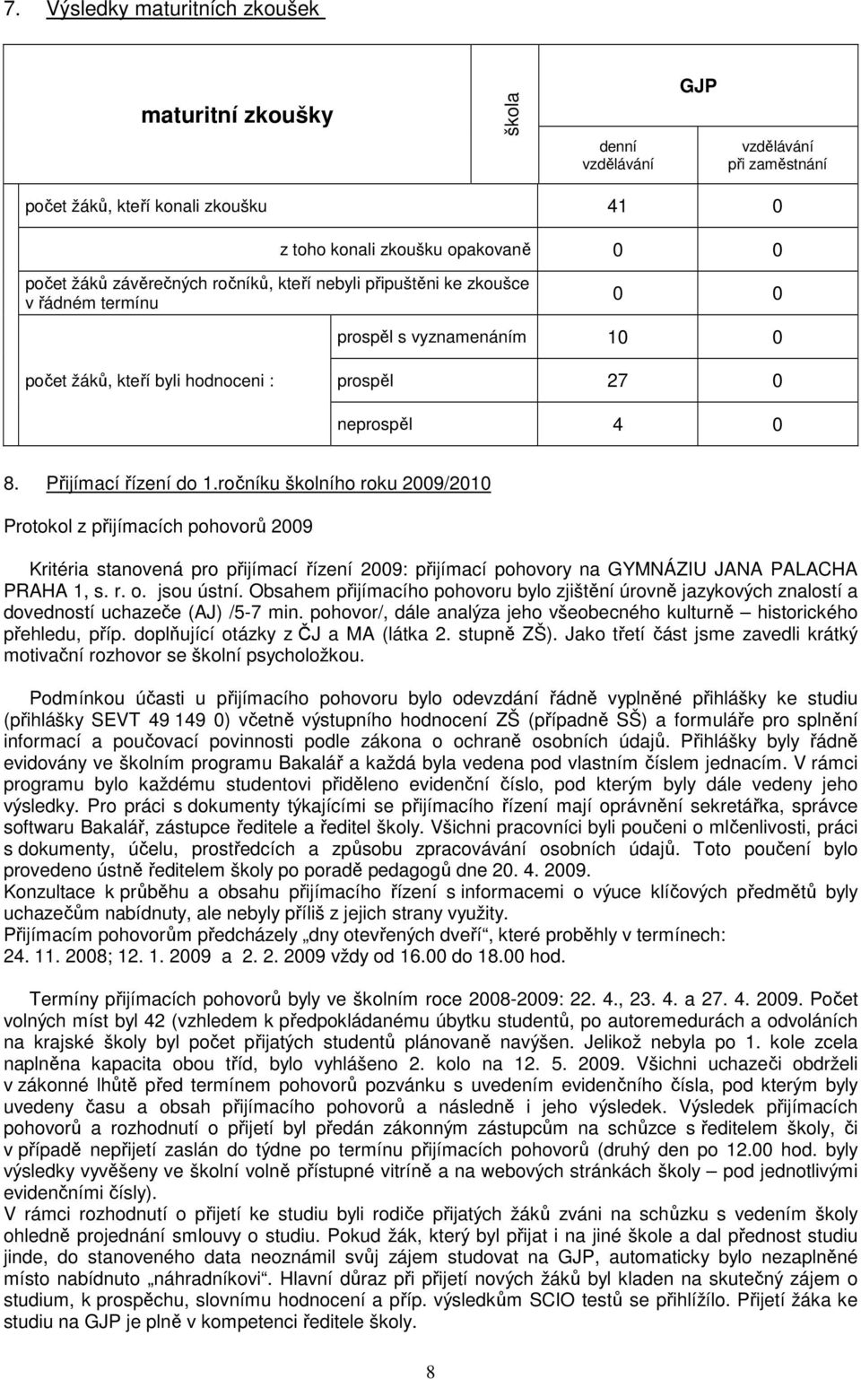 ročníku školního roku 2009/200 Protokol z přijímacích pohovorů 2009 Kritéria stanovená pro přijímací řízení 2009: přijímací pohovory na GYMNÁZIU JANA PALACHA PRAHA, s. r. o. jsou ústní.