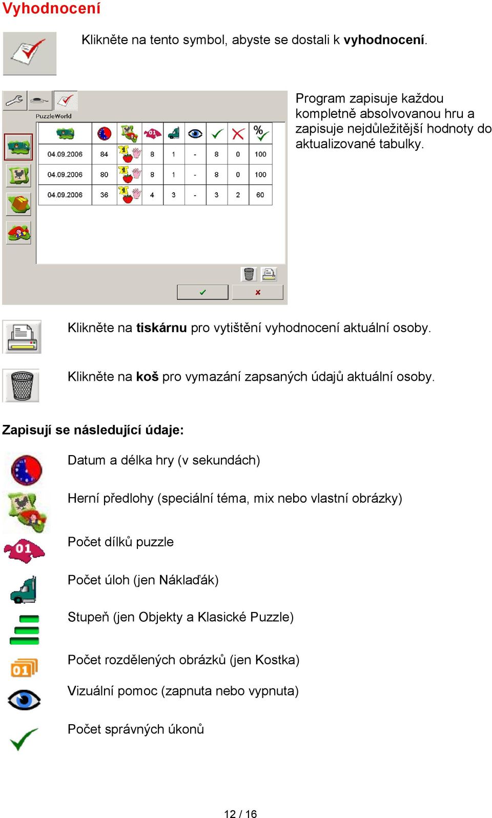 Klikněte na tiskárnu pro vytištění vyhodnocení aktuální osoby. Klikněte na koš pro vymazání zapsaných údajů aktuální osoby.