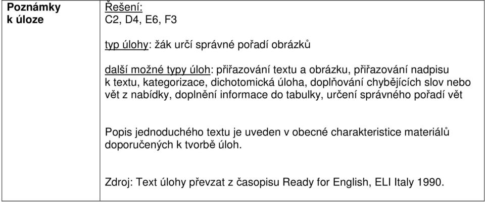 nabídky, doplnění informace do tabulky, určení správného pořadí vět Popis jednoduchého textu je uveden v obecné