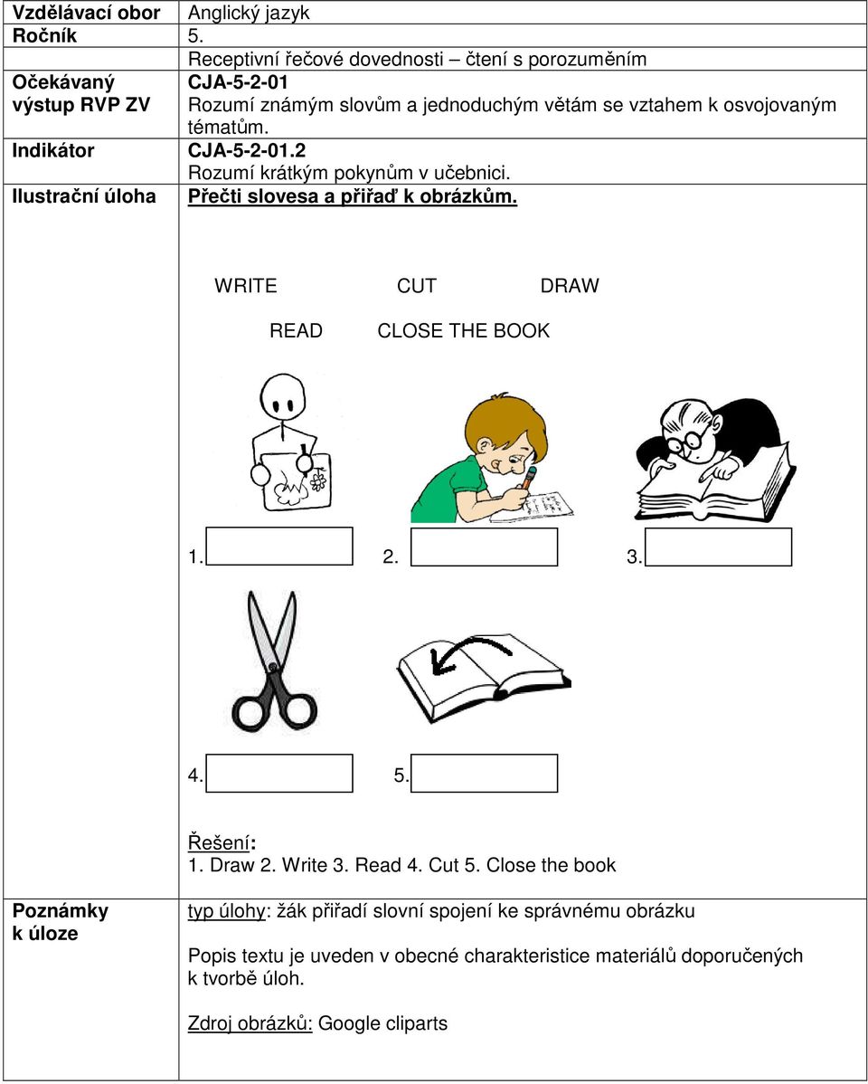 tématům. Indikátor CJA-5-2-01.2 Rozumí krátkým pokynům v učebnici. Ilustrační úloha Přečti slovesa a přiřaď k obrázkům.