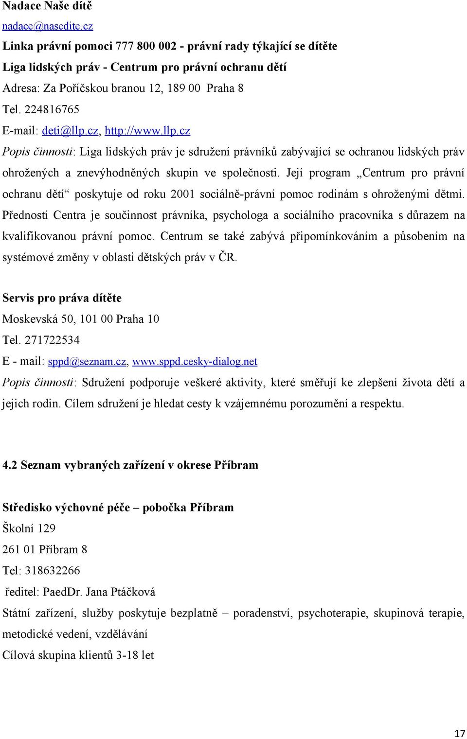 cz, http://www.llp.cz Popis činnosti: Liga lidských práv je sdružení právníků zabývající se ochranou lidských práv ohrožených a znevýhodněných skupin ve společnosti.