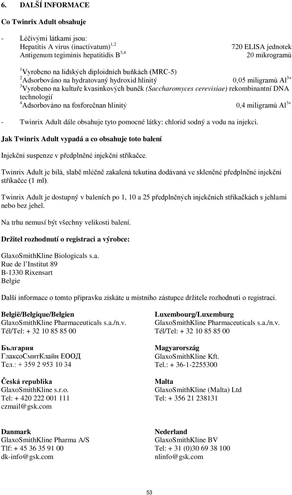 Adsorbováno na fosforečnan hlinitý 0,4 miligramů Al 3+ - Twinrix Adult dále obsahuje tyto pomocné látky: chlorid sodný a vodu na injekci.