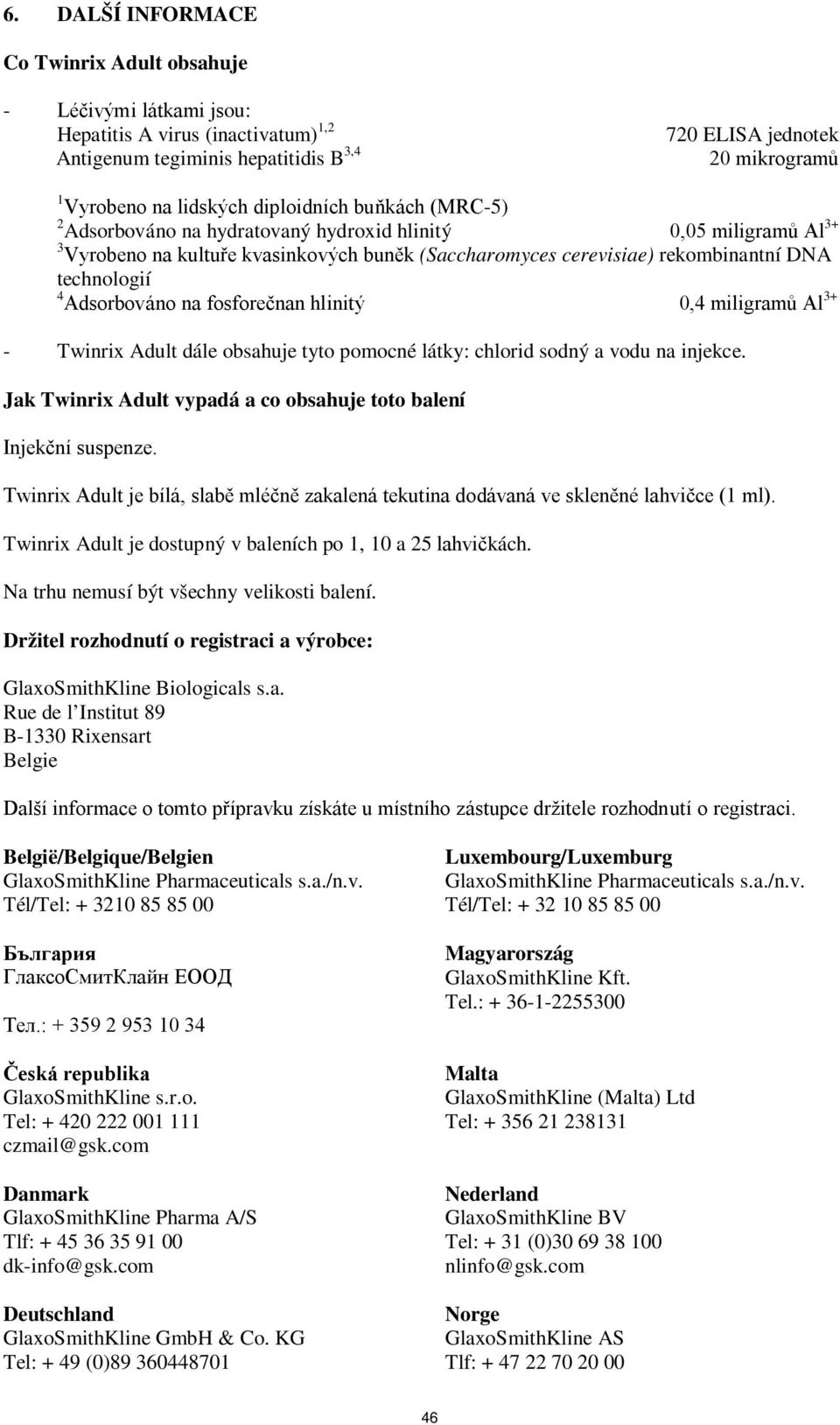 Adsorbováno na fosforečnan hlinitý 0,4 miligramů Al 3+ - Twinrix Adult dále obsahuje tyto pomocné látky: chlorid sodný a vodu na injekce.