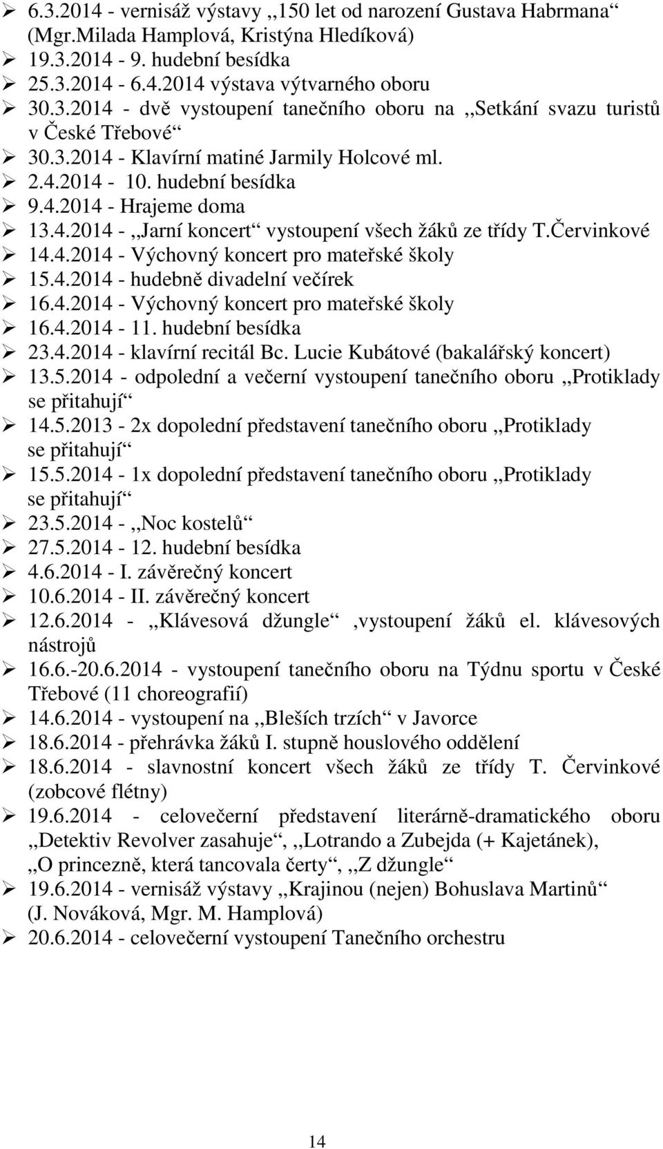 4.2014 - hudebně divadelní večírek 16.4.2014 - Výchovný koncert pro mateřské školy 16.4.2014-11. hudební besídka 23.4.2014 - klavírní recitál Bc. Lucie Kubátové (bakalářský koncert) 13.5.