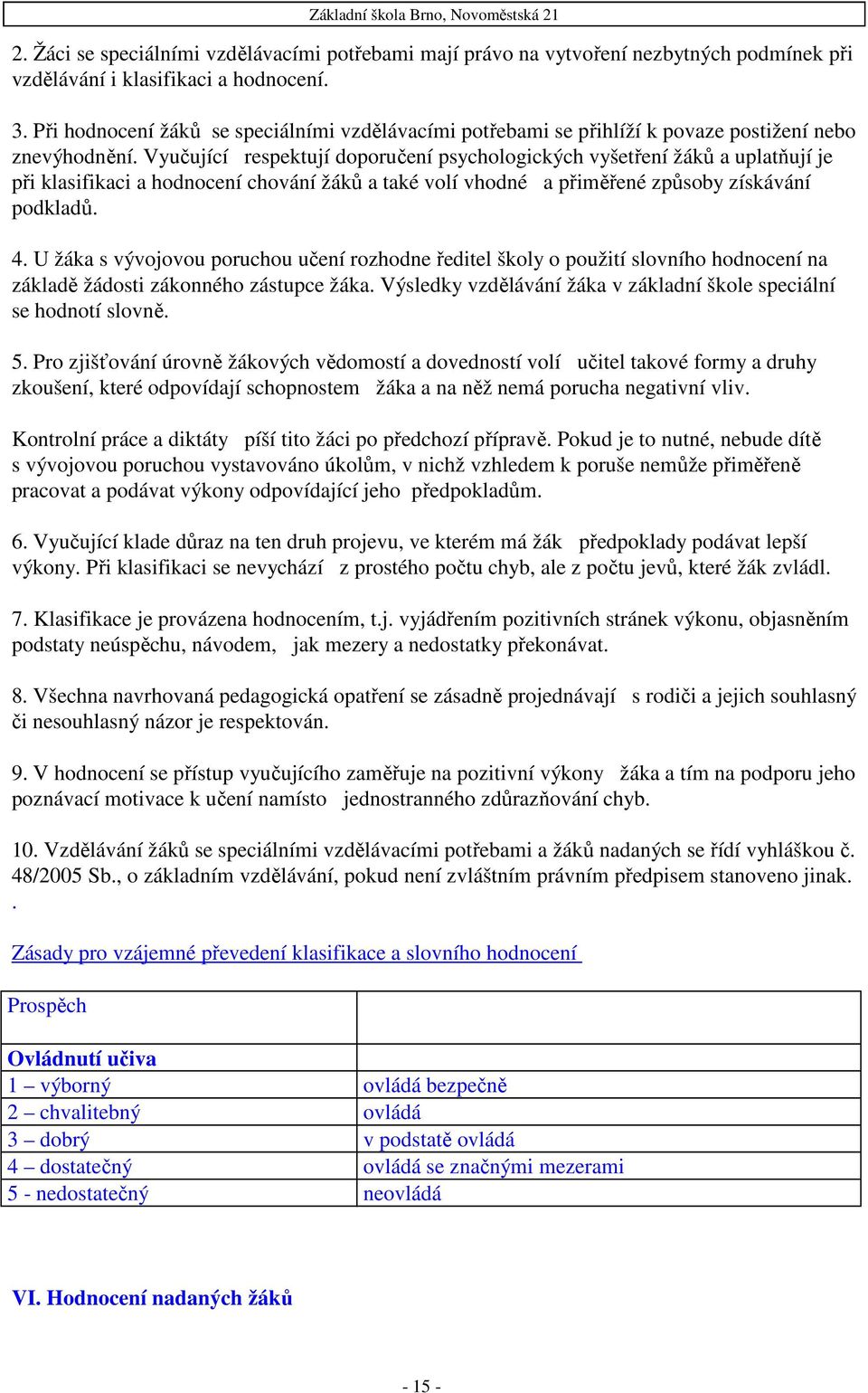 Vyučující respektují doporučení psychologických vyšetření žáků a uplatňují je při klasifikaci a hodnocení chování žáků a také volí vhodné a přiměřené způsoby získávání podkladů. 4.