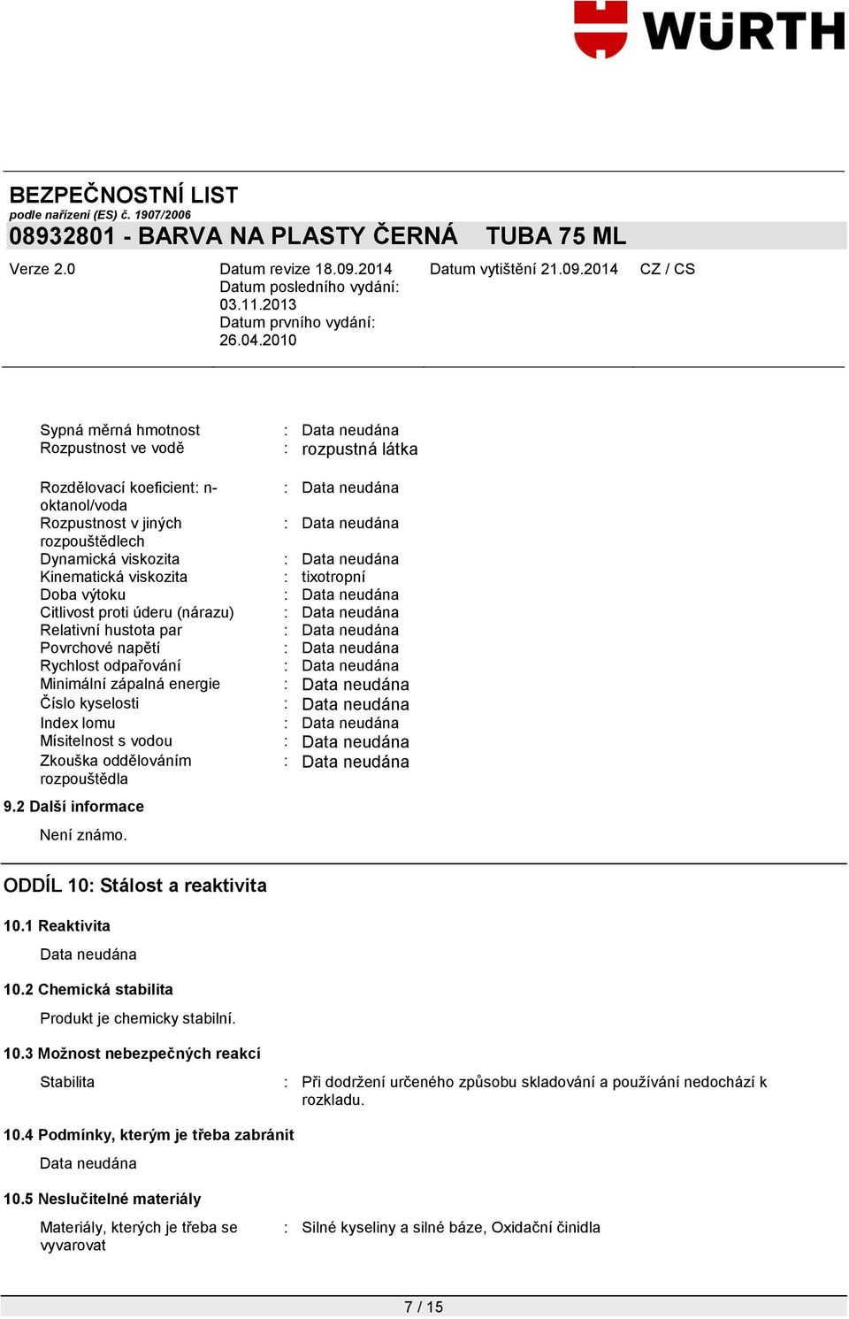 2 Další informace Není známo. : rozpustná látka : tixotropní ODDÍL 10: Stálost a reaktivita 10.1 Reaktivita 10.2 Chemická stabilita Produkt je chemicky stabilní. 10.3 Možnost nebezpečných reakcí Stabilita : Při dodržení určeného způsobu skladování a používání nedochází k rozkladu.