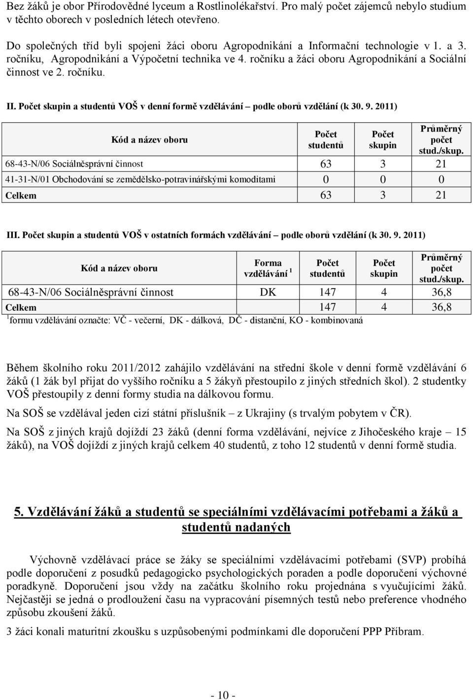 ročníku a žáci oboru Agropodnikání a Sociální činnost ve 2. ročníku. II. Počet skupin a studentů VOŠ v denní formě vzdělávání podle oborů vzdělání (k 30. 9.