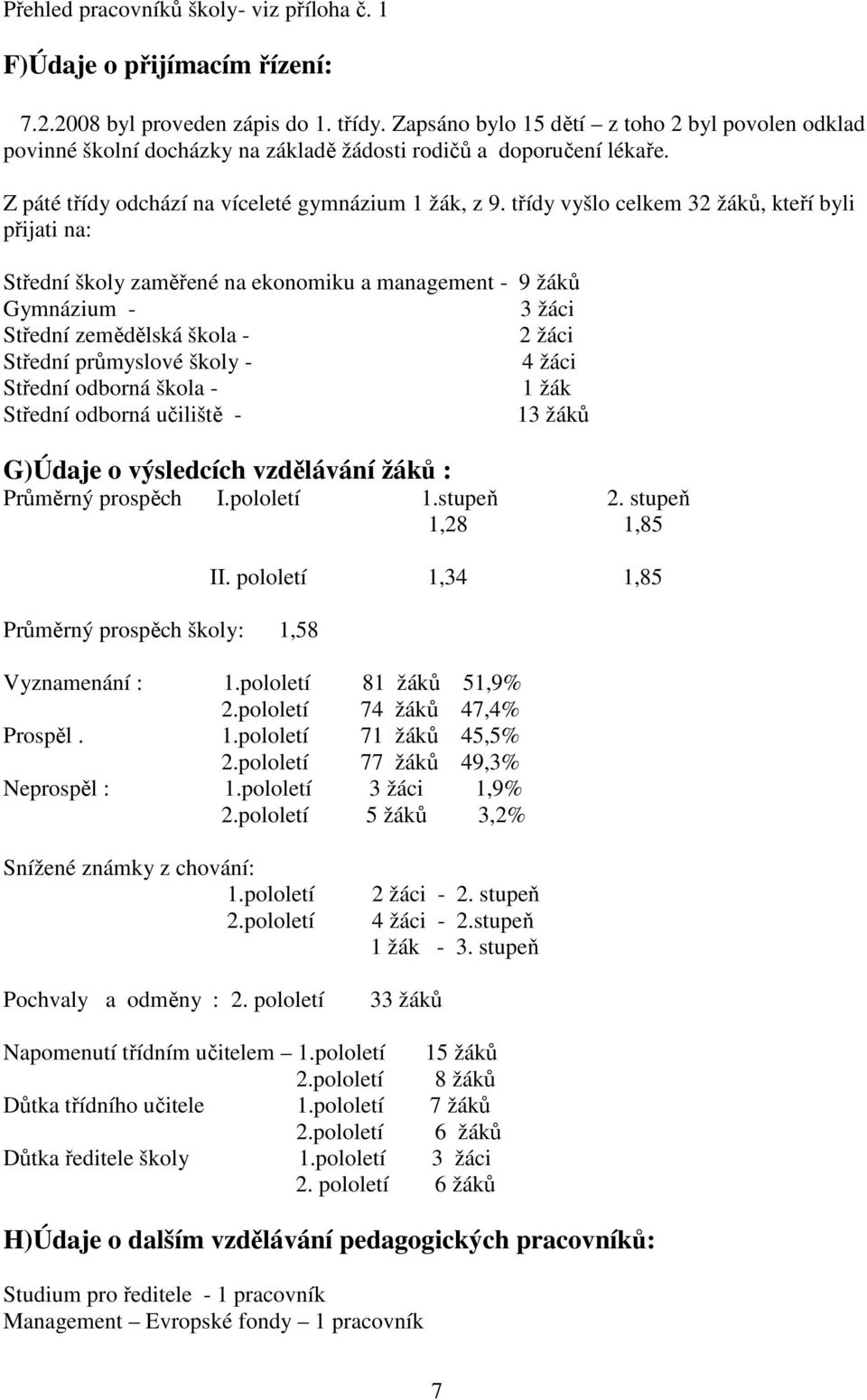 třídy vyšlo celkem 32 žáků, kteří byli přijati na: Střední školy zaměřené na ekonomiku a management - 9 žáků Gymnázium - 3 žáci Střední zemědělská škola - 2 žáci Střední průmyslové školy - 4 žáci