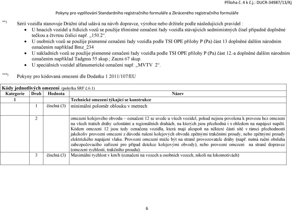 U osobních vozů se použije písmenné označení řady vozidla podle TSI OPE přílohy P (Pa) část 13 doplněné dalším národním označením například Bmz_234 U nákladních vozů se použije písmenné označení řady