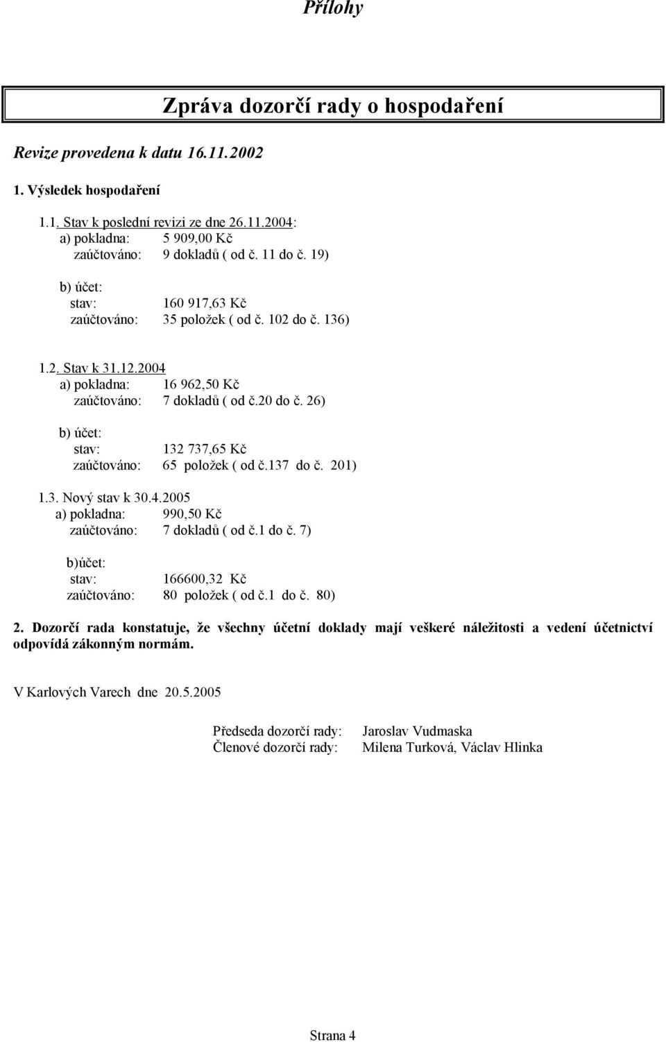 26) b) účet: stav: 132 737,65 Kč zaúčtováno: 65 položek ( od č.137 do č. 201) 1.3. Nový stav k 30.4.2005 a) pokladna: 990,50 Kč zaúčtováno: 7 dokladů ( od č.1 do č.