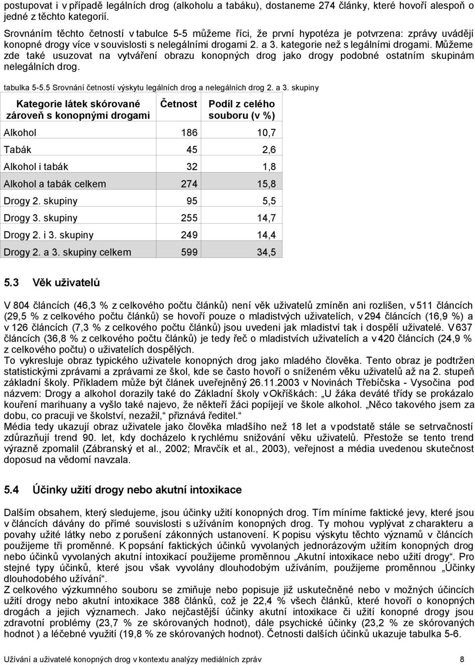 Můžeme zde také usuzovat na vytváření obrazu konopných drog jako drogy podobné ostatním skupinám nelegálních drog. tabulka 5-5.5 Srovnání četností výskytu legálních drog a nelegálních drog 2. a 3.