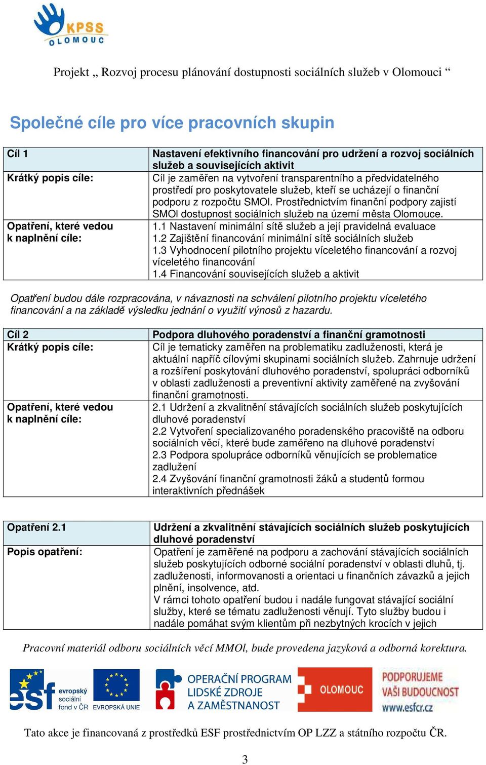 Prostřednictvím finanční podpory zajistí SMOl dostupnost sociálních služeb na území města Olomouce. 1.1 Nastavení minimální sítě služeb a její pravidelná evaluace 1.