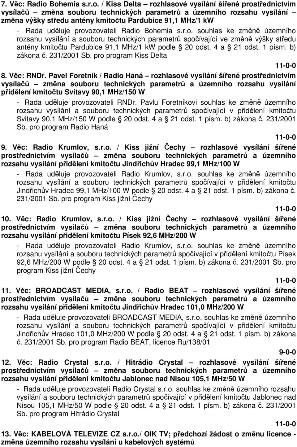 kw - Rada uděluje provozovateli Radio Bohemia s.r.o. souhlas ke změně územního rozsahu vysílání a souboru technických parametrů spočívající ve změně výšky středu antény kmitočtu Pardubice 91,1 MHz/1 kw podle 20 odst.