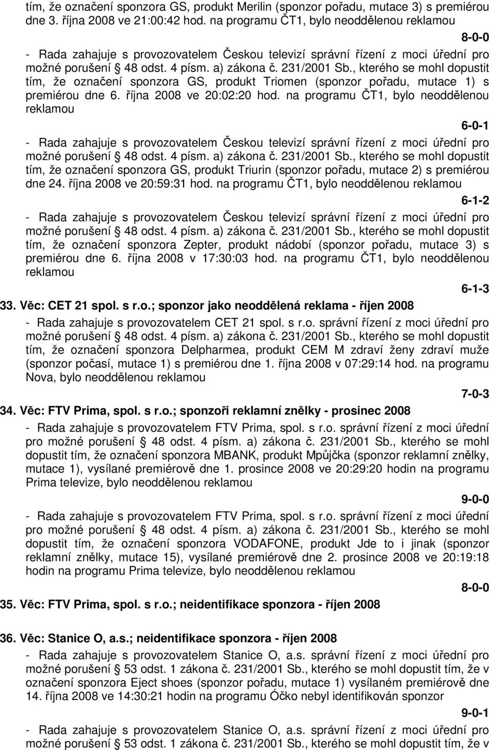 , kterého se mohl dopustit tím, že označení sponzora GS, produkt Triomen (sponzor pořadu, mutace 1) s premiérou dne 6. října 2008 ve 20:02:20 hod.