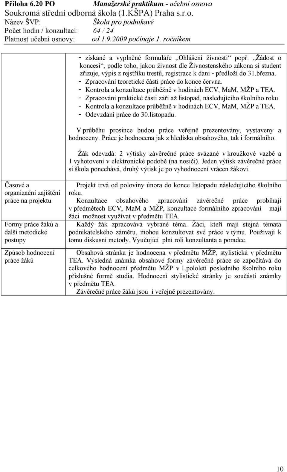 - Zpracování teoretické části práce do konce června. - Kontrola a konzultace průběžně v hodinách ECV, MaM, MŽP a TEA. - Zpracování praktické části září až listopad, následujícího školního roku.