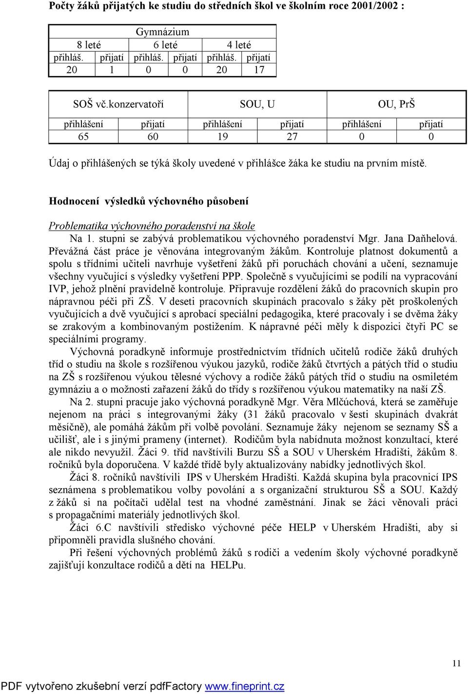 Hodnocení výsledků výchovného působení Problematika výchovného poradenství na škole Na 1. stupni se zabývá problematikou výchovného poradenství Mgr. Jana Daňhelová.