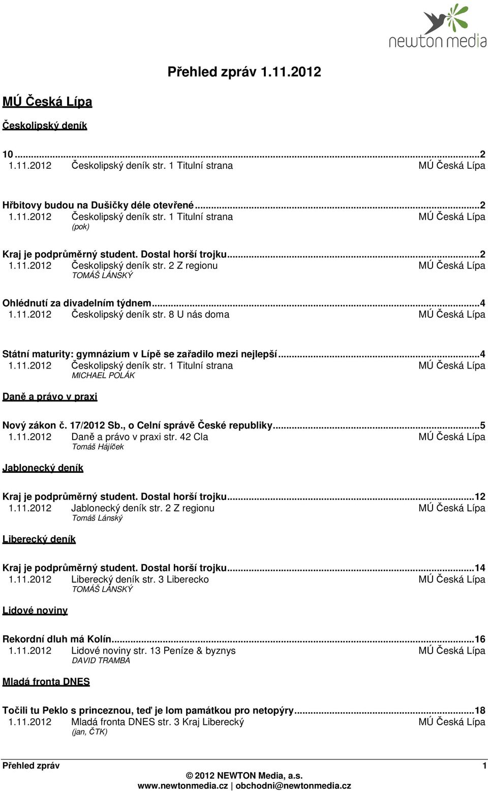 ..4 1.11.2012 Českolipský deník str. 1 Titulní strana MÚ Česká Lípa MICHAEL POLÁK Daně a právo v praxi Nový zákon č. 17/2012 Sb., o Celní správě České republiky...5 1.11.2012 Daně a právo v praxi str.