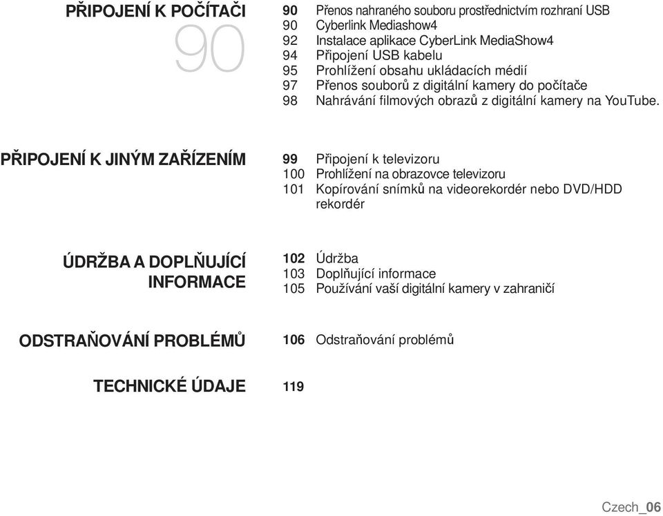 PŘIPOJENÍ K JINÝM ZAŘÍZENÍM 99 Připojení k televizoru 100 Prohlížení na obrazovce televizoru 101 Kopírování snímků na videorekordér nebo DVD/HDD rekordér ÚDRŽBA A