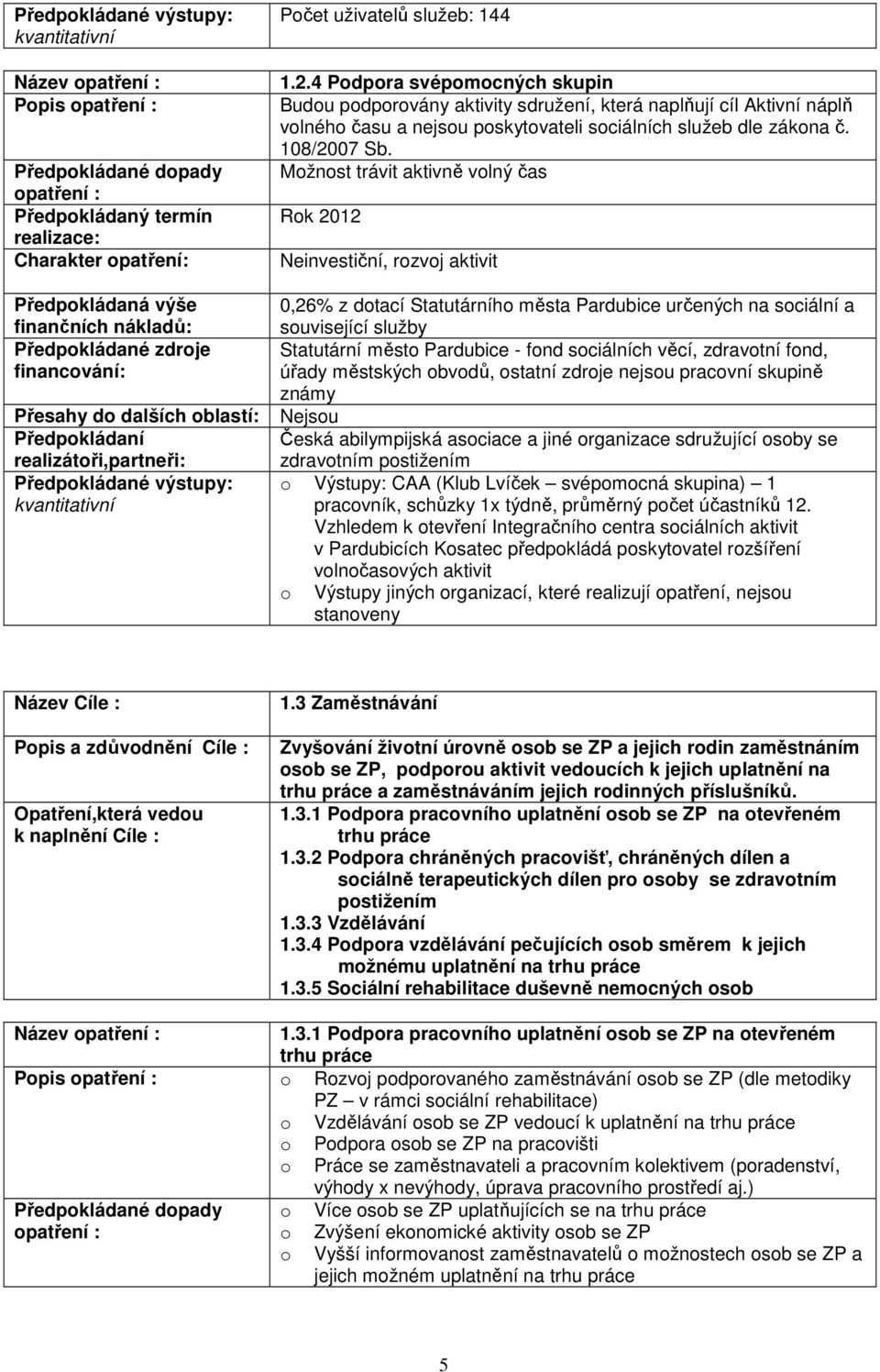 Možnost trávit aktivně volný čas Neinvestiční, rozvoj aktivit 0,26% z dotací Statutárního města Pardubice určených na sociální a Statutární město Pardubice - fond sociálních věcí, zdravotní fond,