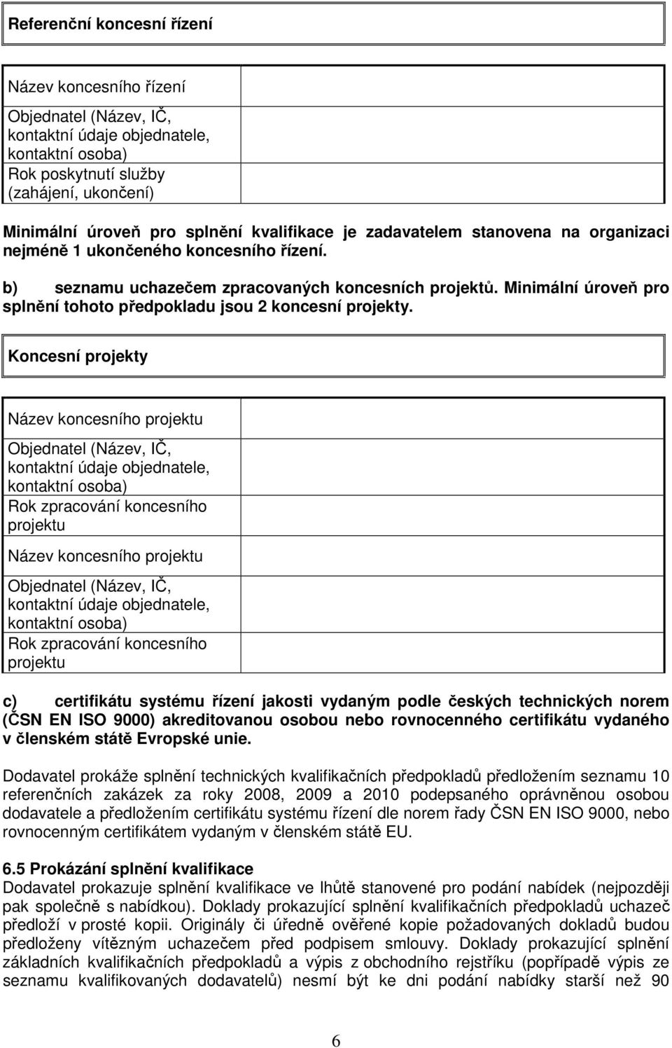 Minimální úroveň pro splnění tohoto předpokladu jsou 2 koncesní projekty.