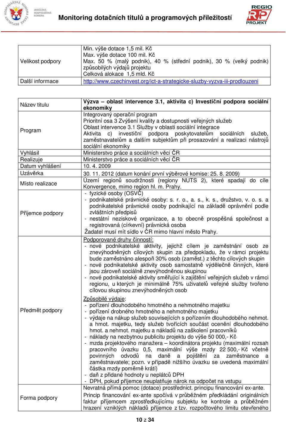 1, aktivita c) Investiční podpora sociální ekonomiky Integrovaný operační program Prioritní osa 3 Zvýšení kvality a dostupnosti veřejných služeb Oblast intervence 3.