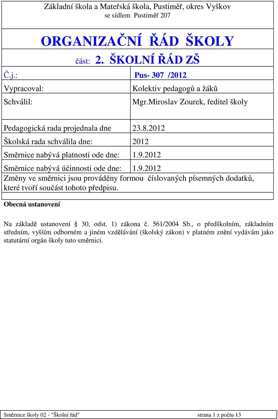 2012 Školská rada schválila dne: 2012 Směrnice nabývá platnosti ode dne: 1.9.2012 Směrnice nabývá účinnosti ode dne: 1.9.2012 Změny ve směrnici jsou prováděny formou číslovaných písemných dodatků, které tvoří součást tohoto předpisu.