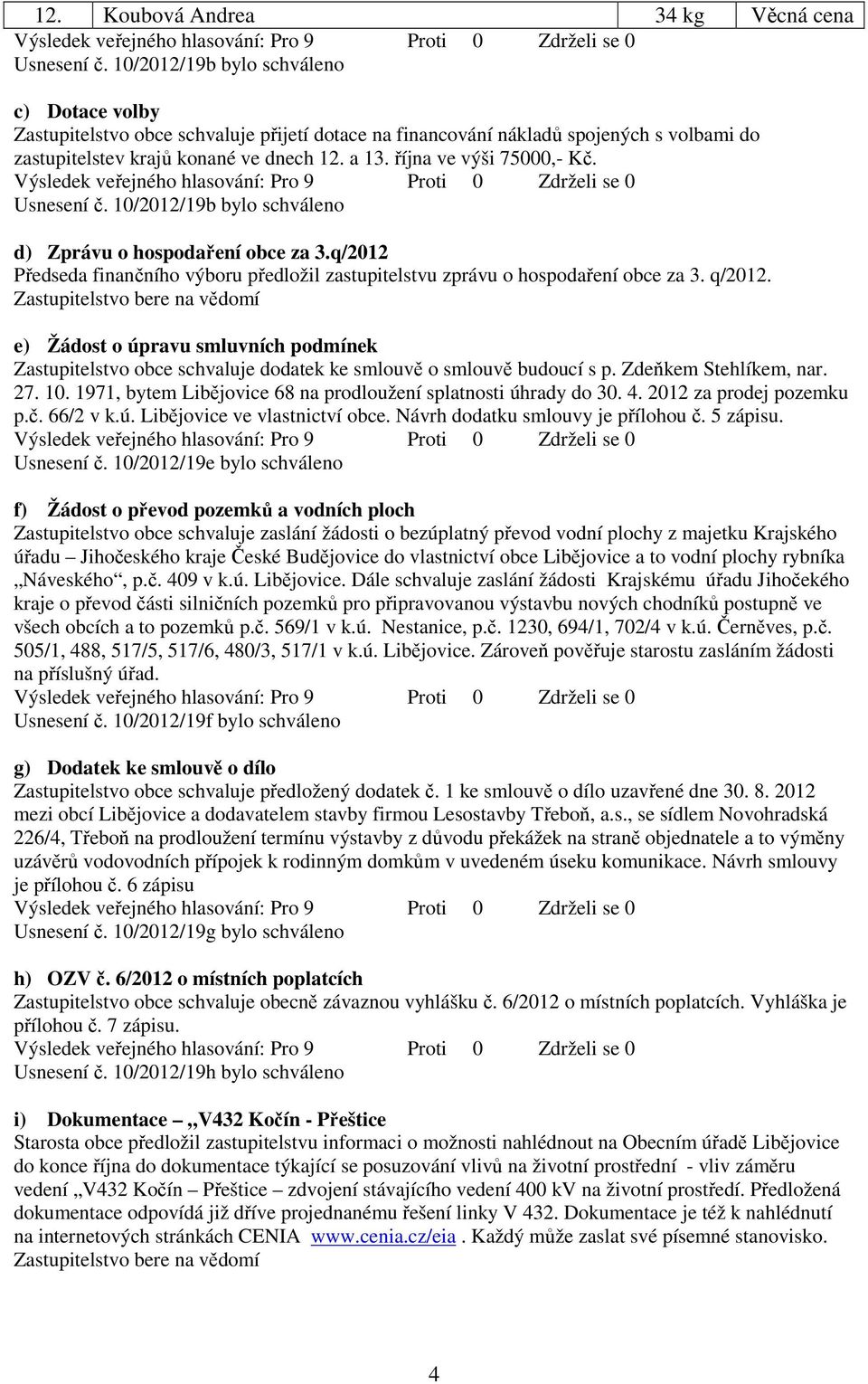 října ve výši 75000,- Kč. Usnesení č. 10/2012/19b bylo schváleno d) Zprávu o hospodaření obce za 3.q/2012 Předseda finančního výboru předložil zastupitelstvu zprávu o hospodaření obce za 3. q/2012.