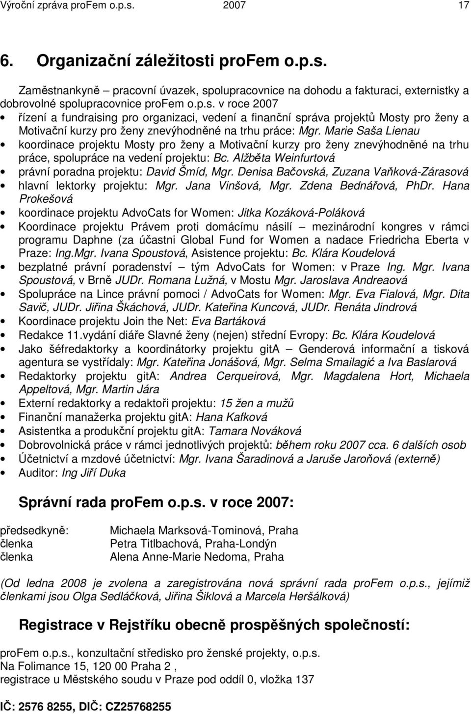 Alžběta Weinfurtová právní poradna projektu: David Šmíd, Mgr. Denisa Bačovská, Zuzana Vaňková-Zárasová hlavní lektorky projektu: Mgr. Jana Vinšová, Mgr. Zdena Bednářová, PhDr.