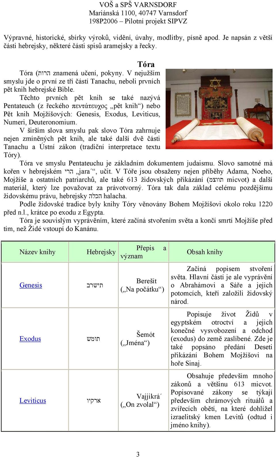 Těchto prvních pět knih se také nazývá Pentateuch (z řeckého πεντάτευχος pět knih ) nebo Pět knih Mojžíšových: Genesis, Exodus, Leviticus, Numeri, Deuteronomium.