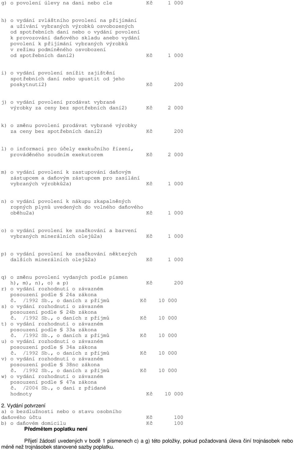 poskytnutí2) Kč 200 j) o vydání povolení prodávat vybrané výrobky za ceny bez spotřebních daní2) Kč 2 000 k) o změnu povolení prodávat vybrané výrobky za ceny bez spotřebních daní2) Kč 200 l) o