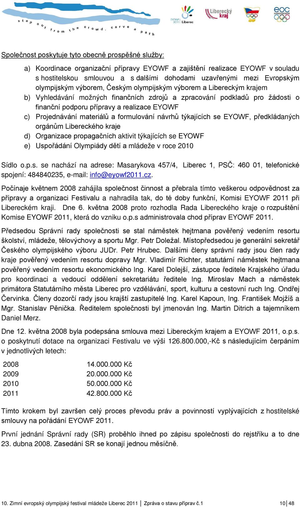 c) Projednávání materiálů a formulování návrhů týkajících se EYOWF, předkládaných orgánům Libereckého kraje d) Organizace propagačních aktivit týkajících se EYOWF e) Uspořádání Olympiády dětí a