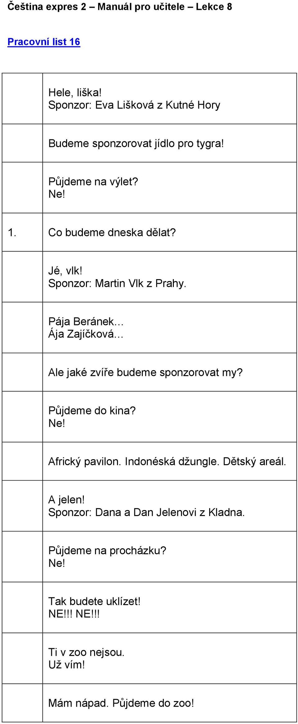 Pája Beránek Ája Zajíčková Ale jaké zvíře budeme sponzorovat my? Půjdeme do kina? Ne! Africký pavilon.