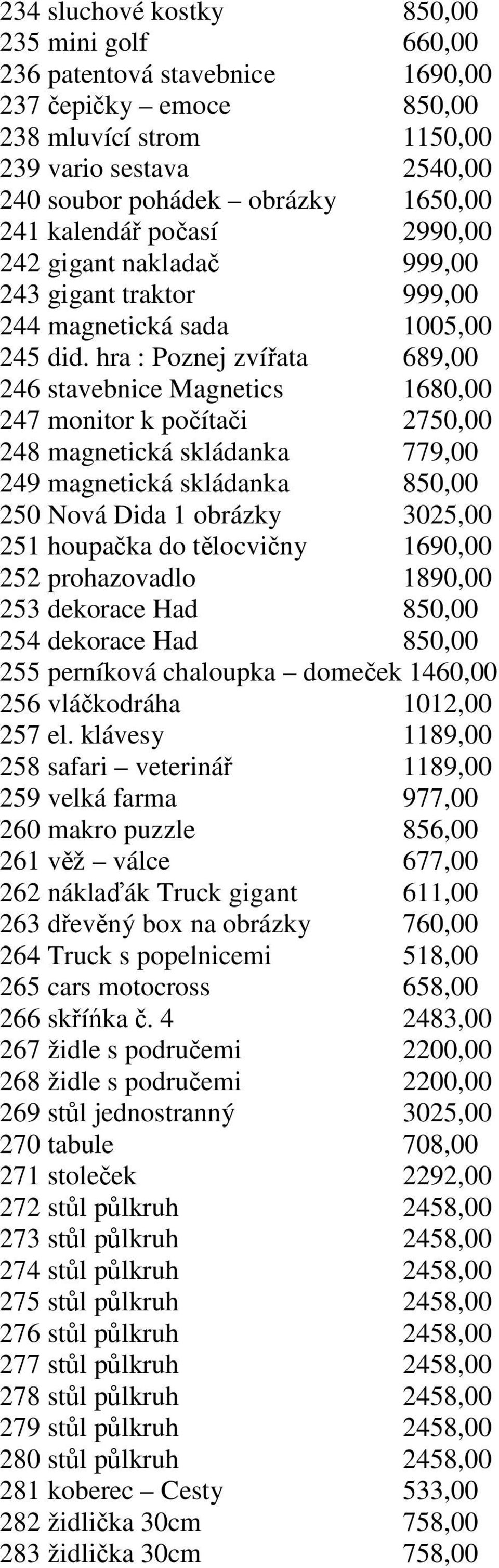 hra : Poznej zvířata 689,00 246 stavebnice Magnetics 1680,00 247 monitor k počítači 2750,00 248 magnetická skládanka 779,00 249 magnetická skládanka 850,00 250 Nová Dida 1 obrázky 3025,00 251