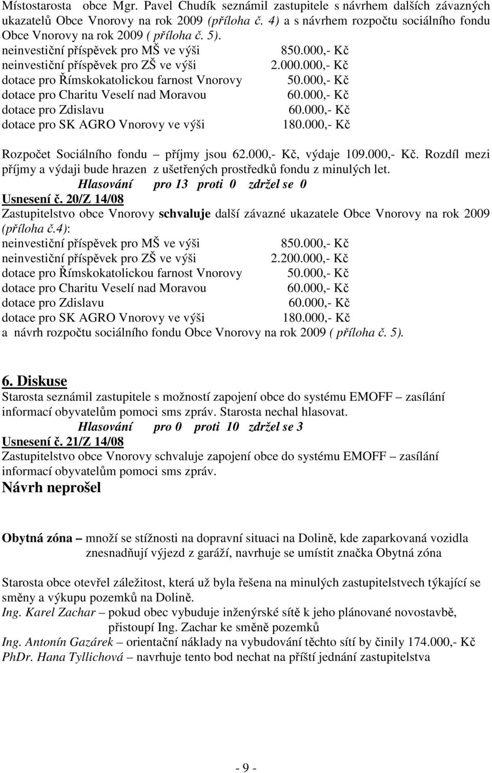 000,- Kč dotace pro Charitu Veselí nad Moravou 60.000,- Kč dotace pro Zdislavu 60.000,- Kč dotace pro SK AGRO Vnorovy ve výši 180.000,- Kč Rozpočet Sociálního fondu příjmy jsou 62.