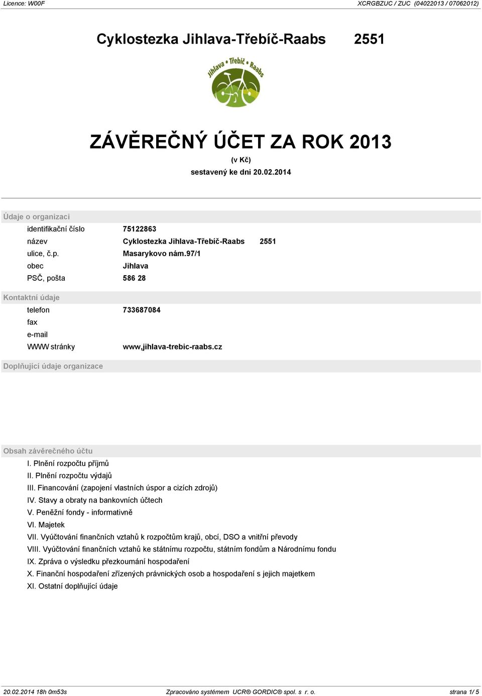 97/1 obec Jihlava PSČ, pošta 586 28 Kontaktní údaje telefon 733687084 fax e-mail WWW stránky www,jihlava-trebic-raabs.cz Doplňující údaje organizace Obsah závěrečného účtu I.