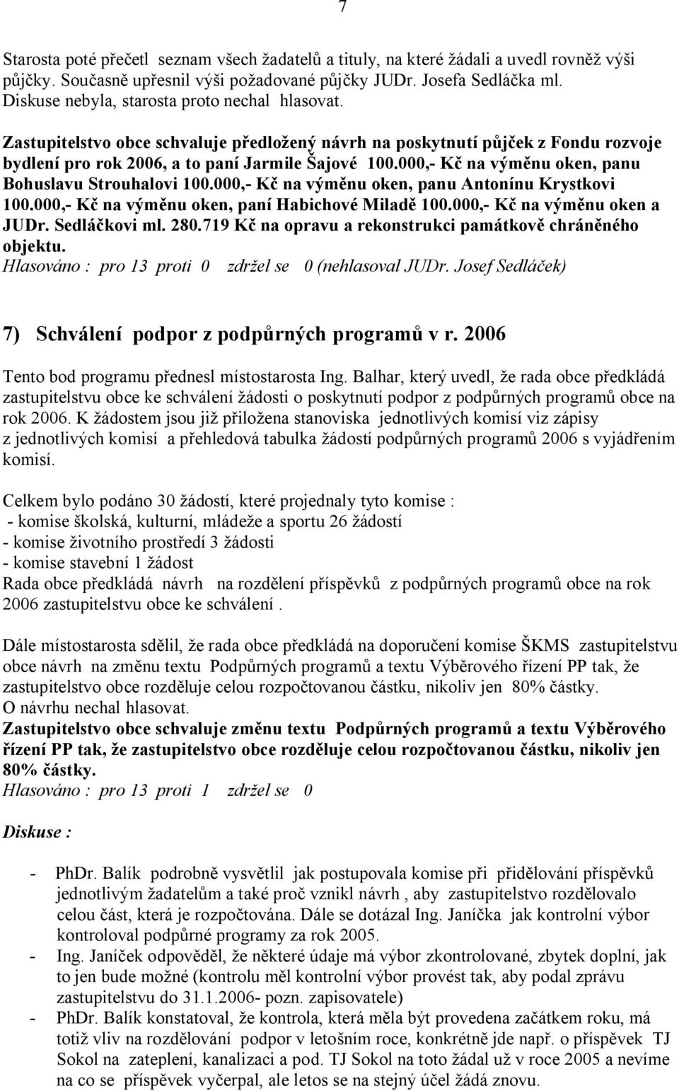 000,- K na vým nu oken, panu Antonínu Krystkovi 100.000,- K na vým nu oken, paní Habichové Milad 100.000,- K na vým nu oken a JUDr. Sedlá kovi ml. 280.