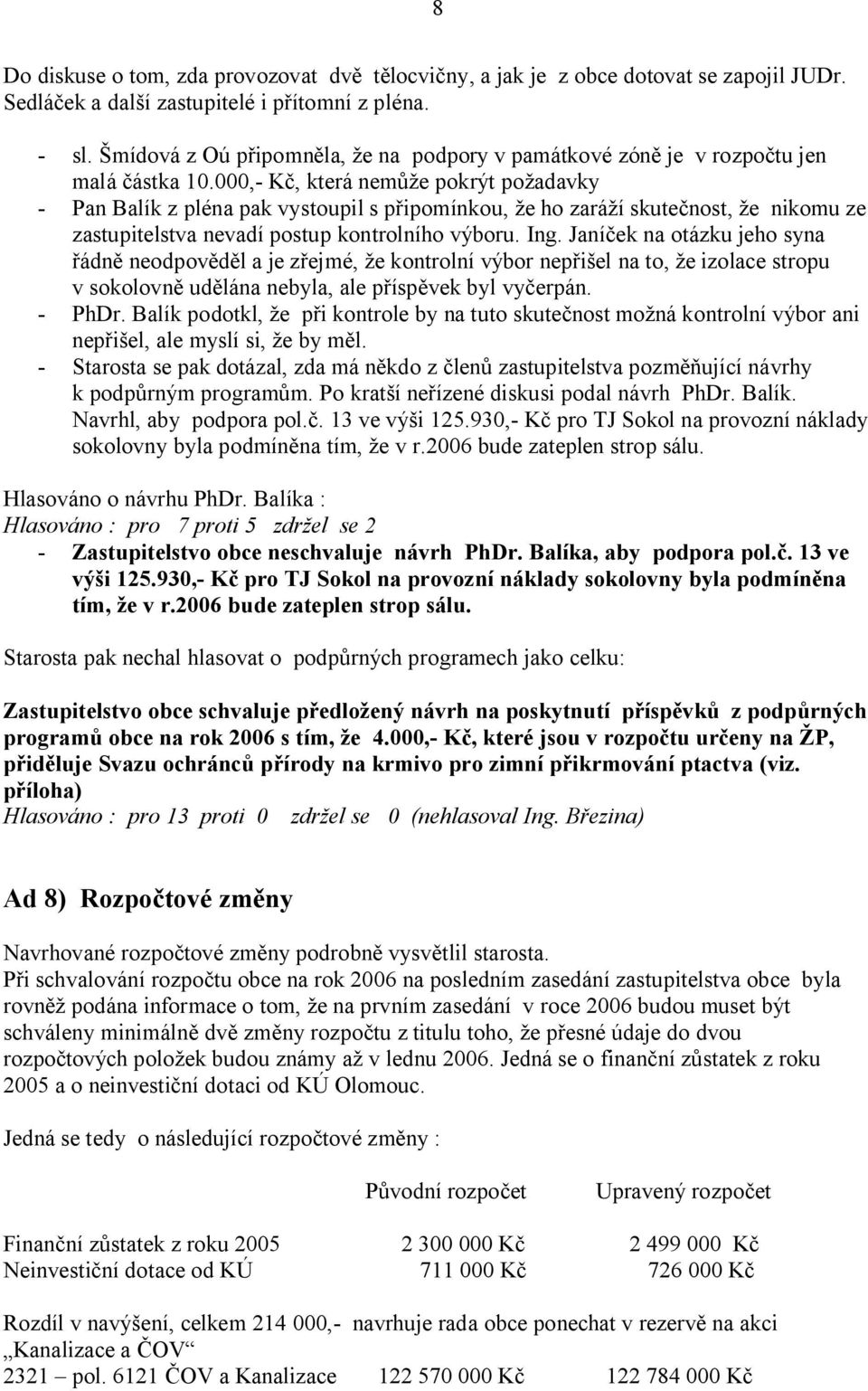 000,- K, která nem e pokrýt po adavky - Pan Balík z pléna pak vystoupil s p ipomínkou, e ho zará í skute nost, e nikomu ze zastupitelstva nevadí postup kontrolního výboru. Ing.