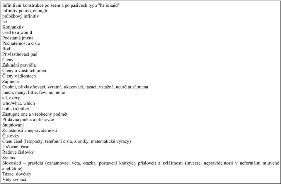 which both, (n)either Zástupné one a všeobecný podmět Přídavná jména a příslovce Stupňování Zvláštnosti a nepravidelnosti Číslovky Čtení čísel (letopočty, telefonní čísla, zlomky, matematické výrazy)