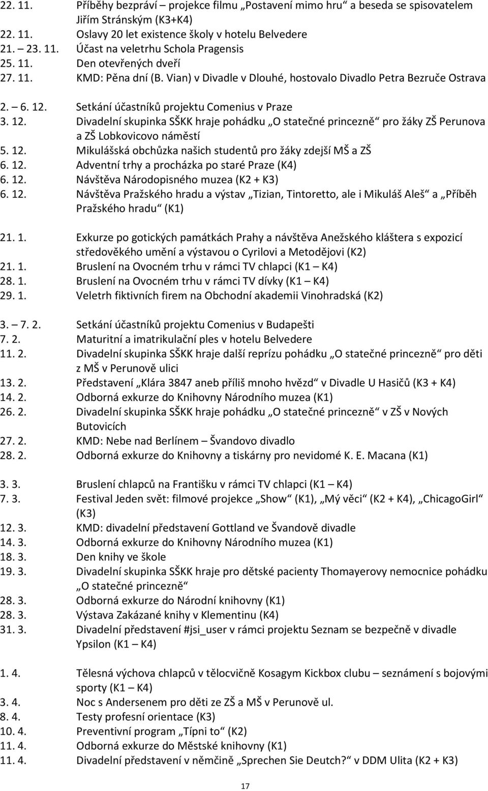 Setkání účastníků projektu Comenius v Praze 3. 12. Divadelní skupinka SŠKK hraje pohádku O statečné princezně pro žáky ZŠ Perunova a ZŠ Lobkovicovo náměstí 5. 12. Mikulášská obchůzka našich studentů pro žáky zdejší MŠ a ZŠ 6.