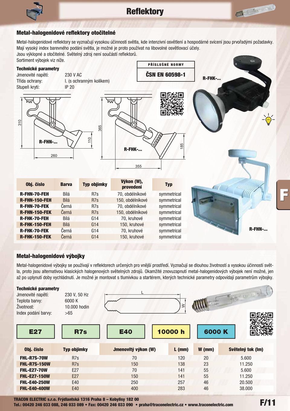 Jmenovité napětí: 230 V AC Třída ochrany: I. (s ochranným kolíkem) Stupeň krytí: IP 20 PŘÍSUŠNÉ NORMY ČSN EN 60598-1 R-FHK-... 310 365 R-FHN-... 260 110 R-FHK-.